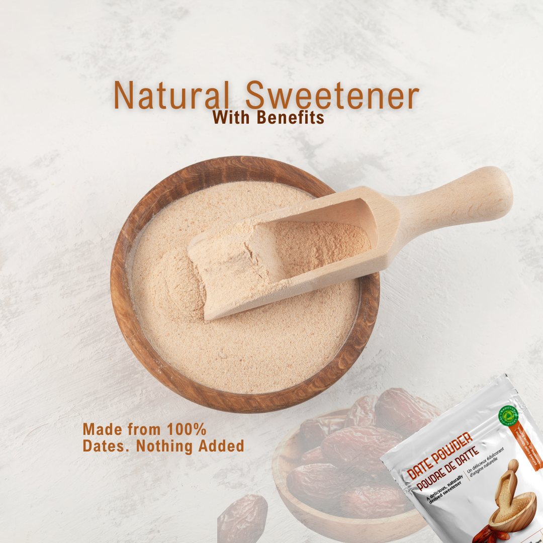 Wooden bowl with date powder and a wooden scoop, with text about natural sweetener made from 100% dates.