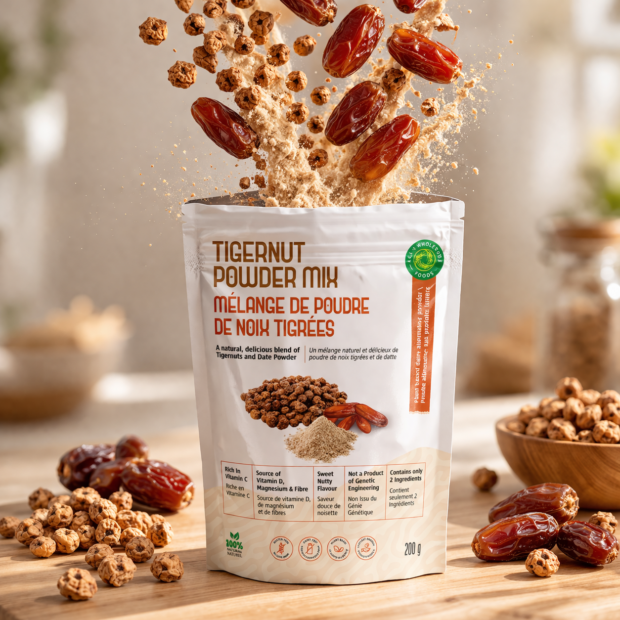 Tigernut powder mix packaging with tigernuts and dates on a wooden surface