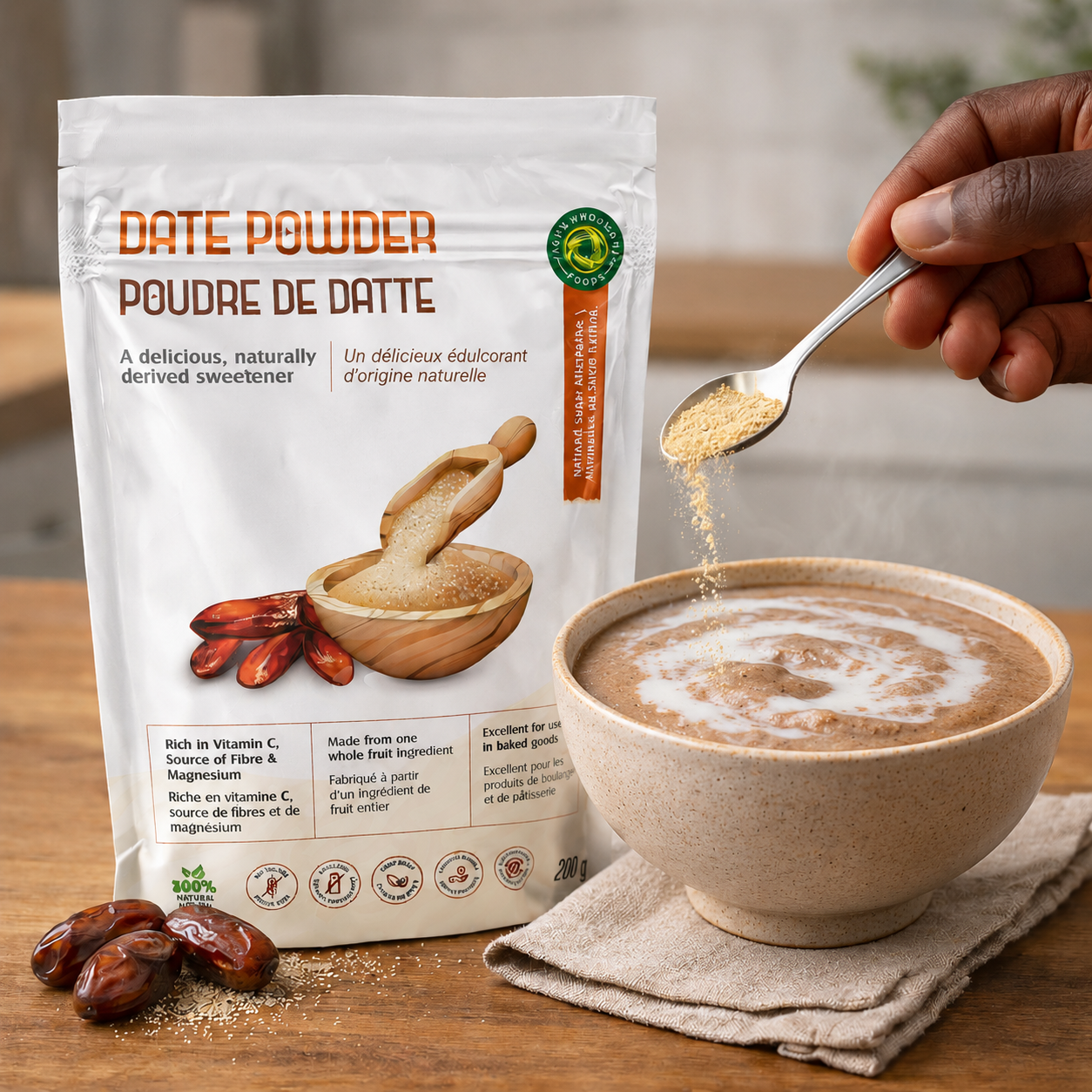 Date powder packaging with a bowl of date powder being added to a pap