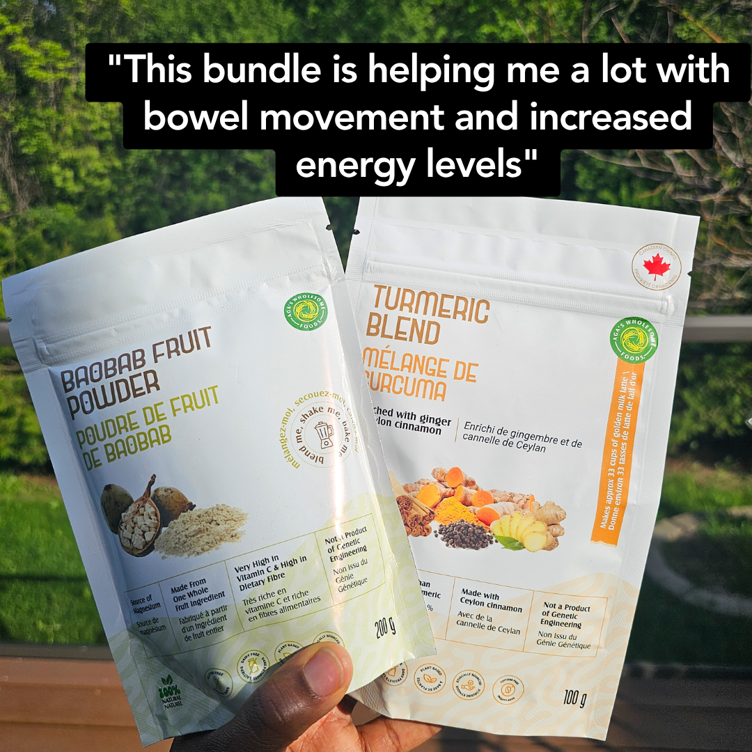 Two packages of Baobab Fruit Powder and Turmeric Blend held in front of a green outdoor background.