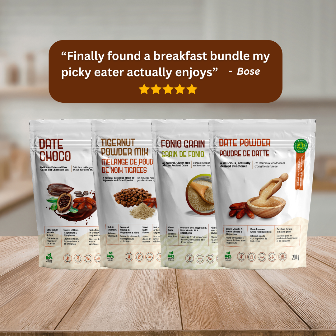 Four packages of different food products in Aga's  Wholesome healthy breakfast bundle on a wooden surface with a blurred kitchen background.