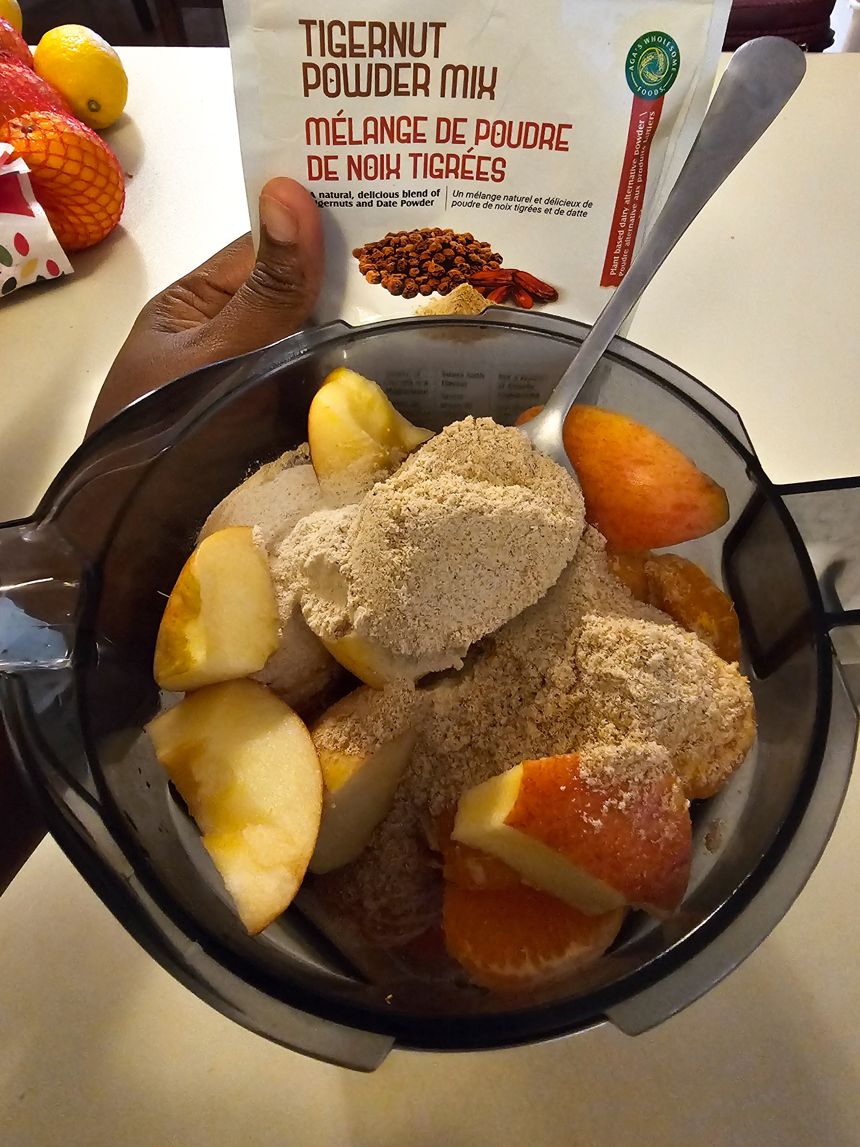 Smoothie ingredients in a blender featuring Tigernut Powder Mix 